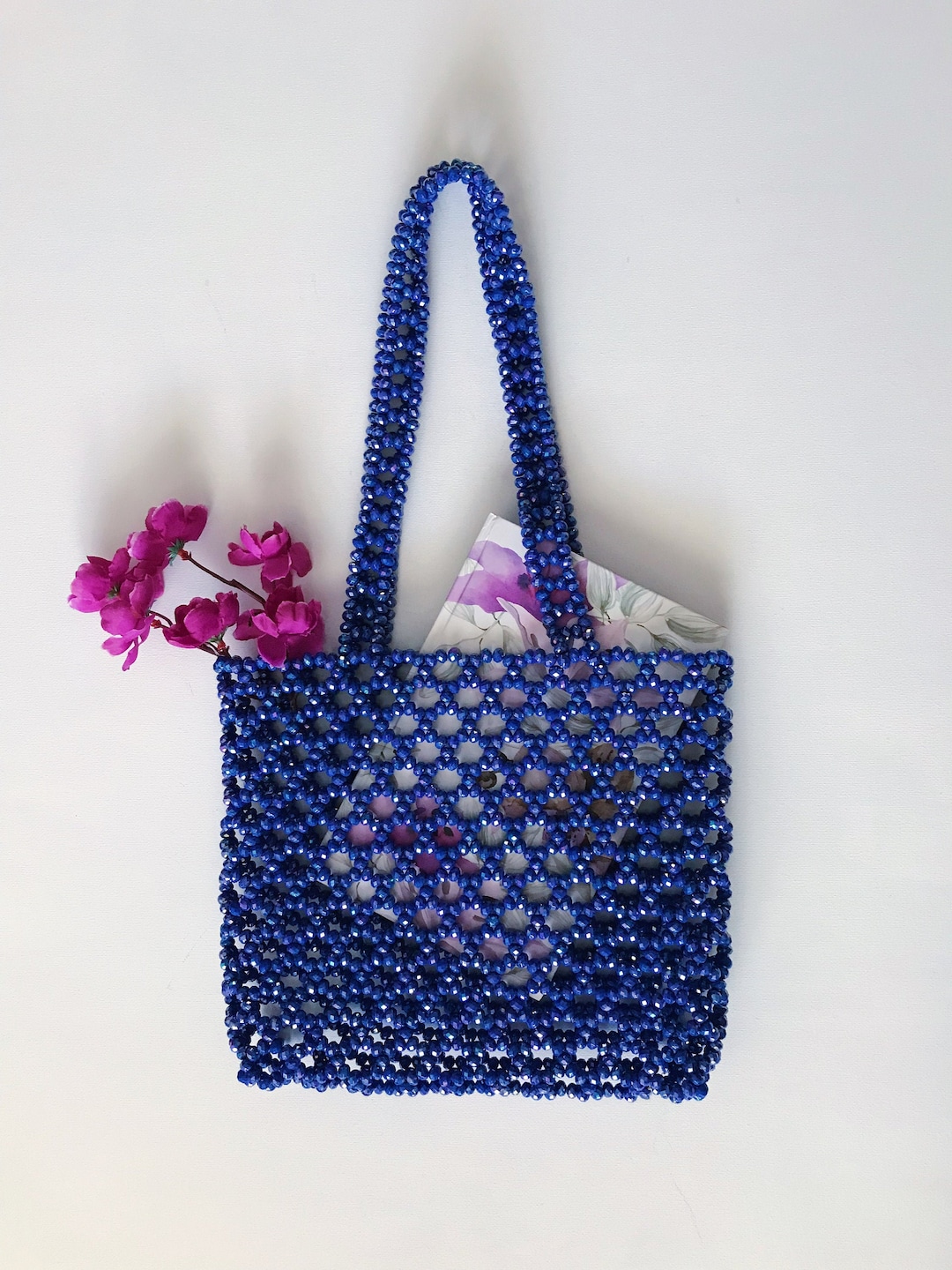 Handmade Blue Crystal Beaded Bags, Blue Shoulder Bag, Vintage