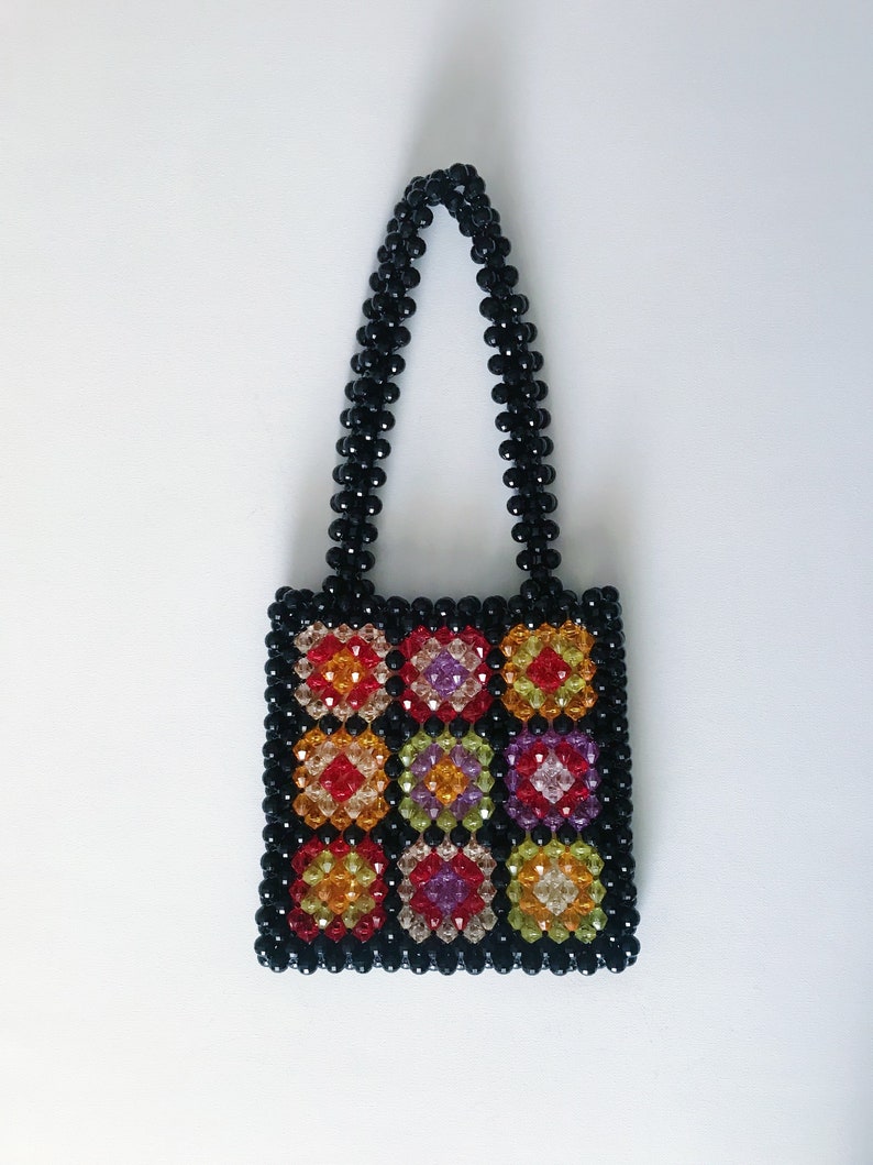 Granny Square Bead Bag, Granny Square, Crystal Orange Beaded Bag, Pink Bead Bag, Bead Shoulder Bag, Bead Bag Vintage, Handmade Bag, Mom Gift image 2