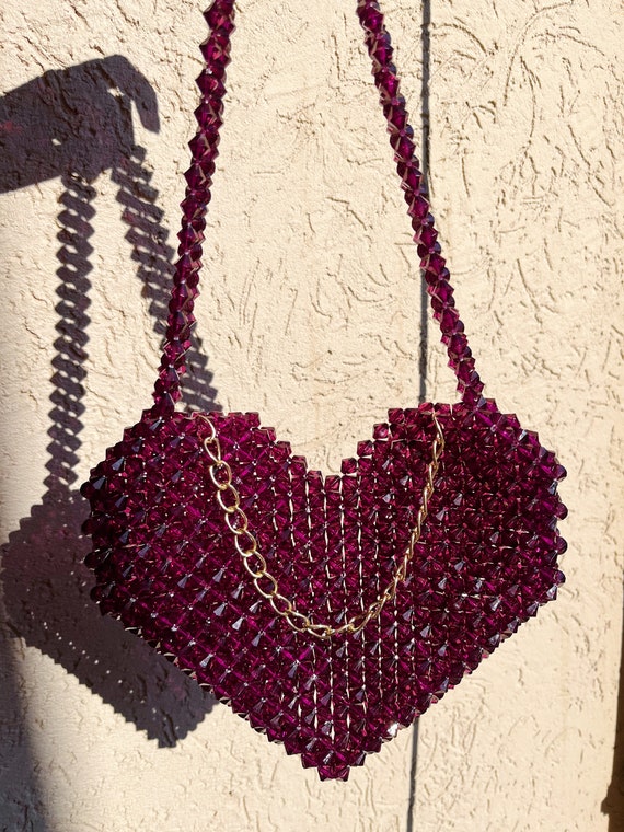 Heart Bead Bag, Red Beaded Bag, Handmade Bead Bag