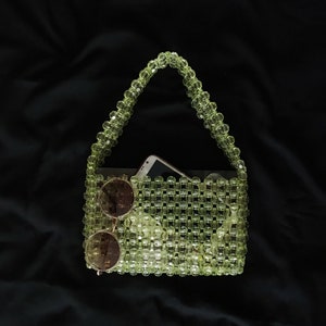 Crystal Green Beaded Bag, Green Purple Bead Bag, Bead Shoulder Bag, Bead Bag Vintage, Gift For Her, Handmade Bag, Transparent Bead Bag
