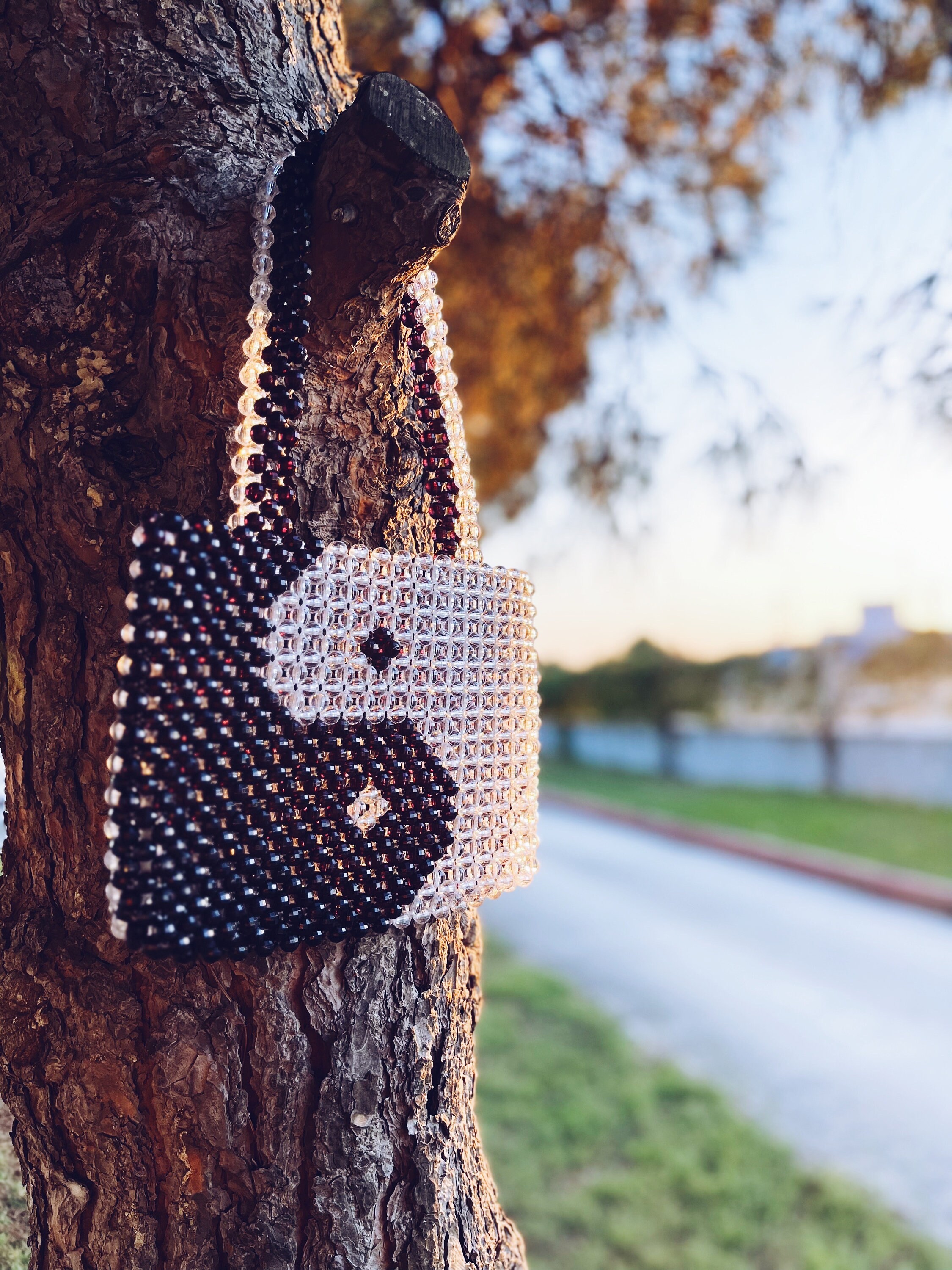 Handmade Yin Yang Beaded Bag, Crystal Bead Bag, Yinyang Vintage 