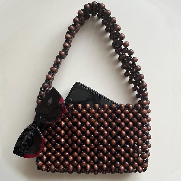 Handmade Wood Beaded Bag, Shoulder Bag, Vintage Style Wooden Bags