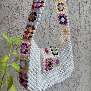 Handmade Granny Square Beaded Shoulder Bag, Crystal Pearl