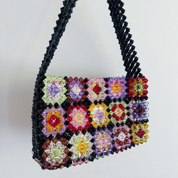Handmade Granny Square Beaded Shoulder Bag, Crystal Beadwork