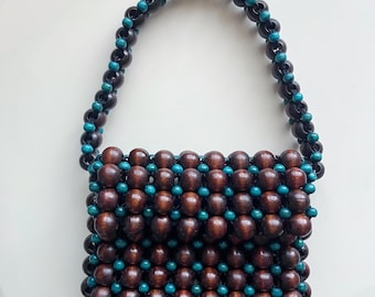 Handmade Wood Beaded Handbag, Colorful Wooden Bead Shoulder Bag