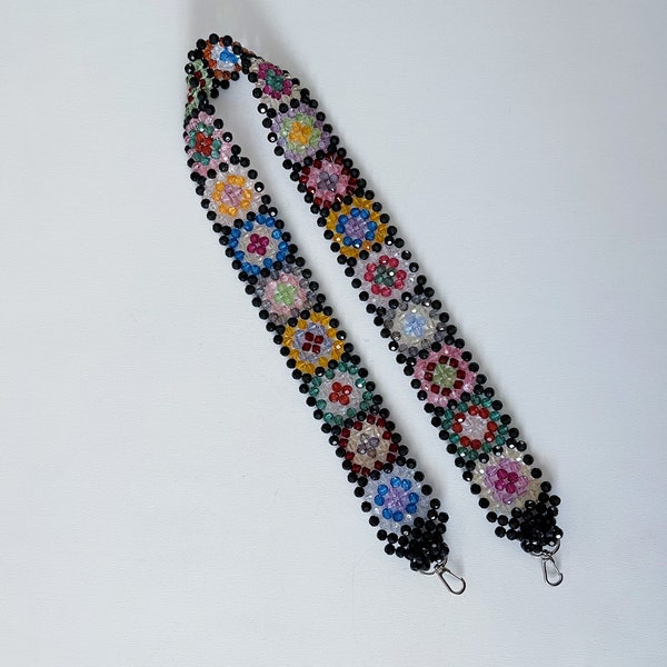Handmade Beaded Granny Square Bag Strap, Acrylic Crystal Strap