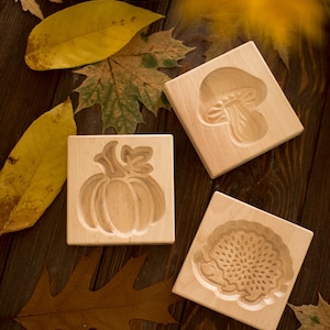 Peut inclure: Trois moules à biscuits en bois avec des motifs sculptés de citrouille, de champignon et de fleur. Les moules sont carrés et reposent sur une surface en bois foncé avec des feuilles d'automne éparpillées.