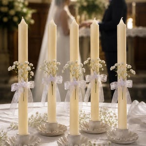 Velas de unidad de cera de abeja blanca con flores secas y cintas, elegante juego de velas cónicas para bodas.
