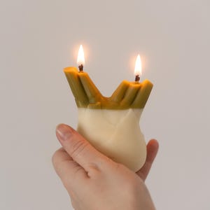 以下が含まれることがあります： 2つの芯のデザインのユニークなキャンドル。キャンドルは白いベースで、黄緑色のトップに移行し、2つの炎が燃えています。キャンドルは、無地の背景に対して手で持たれています。
