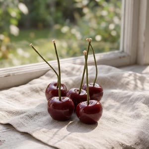May include: Five ripe, dark red cherries with long green stems rest on a beige linen cloth. The cherries are glossy and appear freshly picked. The background shows a window with a blurred view of greenery.