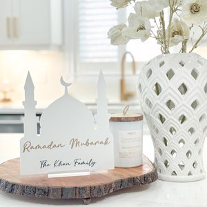 Acrylic White Mosque Eid Mubarak, Ramadan Table Decoration, Personalized Islamic Gift, Islamic Home Decor, Eid Decoration, Minimal Neutral