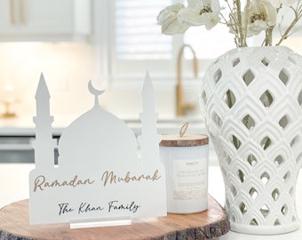 Mosquée blanche en acrylique Eid Mubarak, décoration de table du ramadan, cadeau islamique personnalisé, décoration d'intérieur islamique, décoration de l'Aïd, minimal neutre