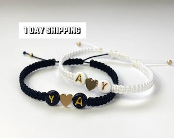 Set of 2 matching couple bracelet with gold heart, custom couple initial bracelet, valentines gift for him/ her, partner custom bracelet