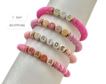 bracelet prénom personnalisé, bracelet de perles personnalisé prénom, bracelet heishi, bracelet de perles avec lettre, bracelet personnalisé avec prénom d'enfant