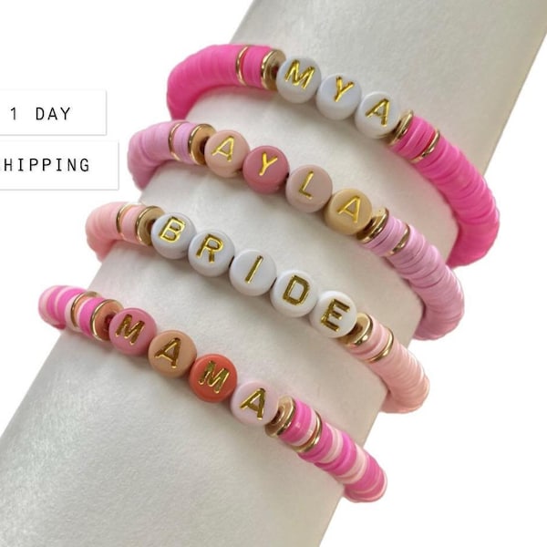 custom name bracelet, Personalized Name Custom Beaded Bracelet, heishi bracelet, beaded bracelet with letter, custom bracelet with kids name