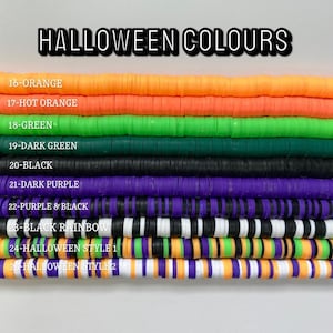 May include: A close-up of ten rows of colorful polymer clay beads. The beads are arranged in rows, with each row representing a different color combination. The colors include orange, hot orange, green, dark green, black, dark purple, purple and black, black rainbow, Halloween style 1, and Halloween style 2.