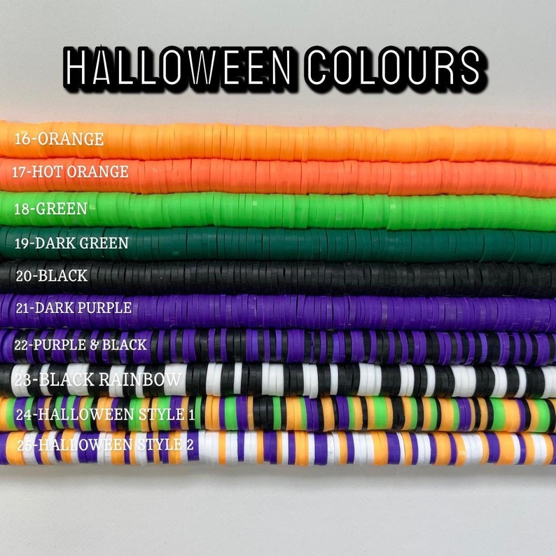May include: A close-up of ten rows of colorful polymer clay beads. The beads are arranged in rows, with each row representing a different color combination. The colors include orange, hot orange, green, dark green, black, dark purple, purple and black, black rainbow, Halloween style 1, and Halloween style 2.