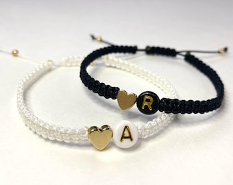 Set of 2 Personalized couple bracelet with gold heart, initial bracelet for partners Custom matching bracelet gift for couples her/his