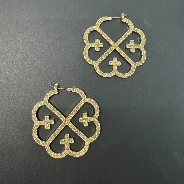 Valeska Gold Tone Crystal Quatrefoil Hoop Pierced Earrings Cross Marked 2"