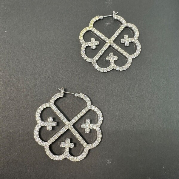 Valeska Silver Tone Crystal Quatrefoil Hoop Pierced Earrings Cross Marked 2"