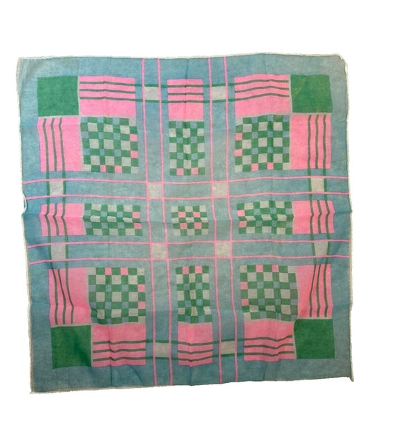 Vintage Sheer Plaid Checked Hair Scarf Pink Blue G