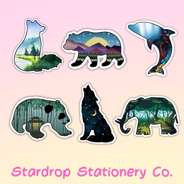 Animal Silhouette Die Cut Stickers | Panda | Fox | Bear | Dolphin | Wolf | Elephant | Sticker for Cell Phone, Computer, Planner, Journal