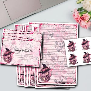 Papelería de media hoja con diseño de bruja floral rosa / Papelería rayada / Sobre / Correo postal Happy Mail / Papel sin rayar / Papel para escribir / Cartas