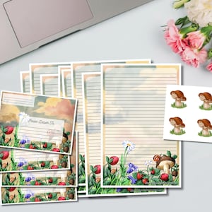 Set di cancelleria Cottage Core Mushroom Snail Half Sheet / Carta da lettere / Carta da lettere a righe e non a righe / Carta per corrispondenza / Carta a fungo