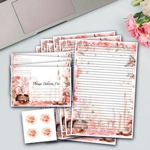 Juego de papelería de media hoja con diseño de bruja rosa / Juego para escribir cartas / Velas con caldero de bruja de acuarela y flores / Correo postal / Sobres / Amigo por correspondencia