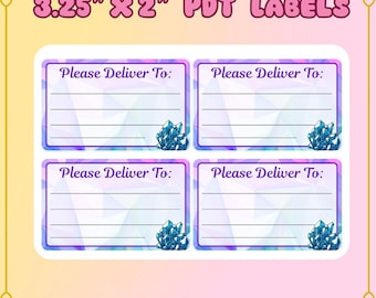 May include: Four rectangular PDT labels with the text "Please Deliver To:" and a blue crystal illustration. The labels are 3.25" x 2" and are set against a pastel background with the text "STARDROP STATIONERY CO."
