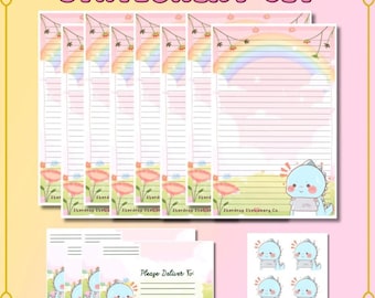 May include: A stationery set featuring lined writing paper with a rainbow and dinosaur design, matching envelopes, and stickers. The set has a pink and yellow border with the words "STATIONERY SET" at the top.