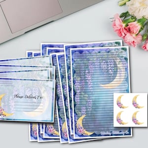 Papelería de media hoja Wisteria Moon / Escritura de cartas / Acuarela Moon / Papel rayado / Papel sin rayar / Correo postal / Amigos por correspondencia / Sobres