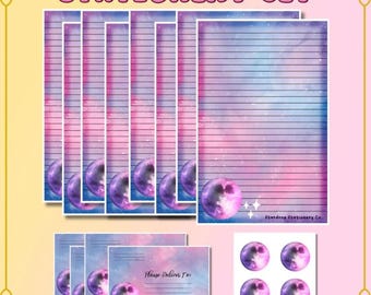 Juego de papelería Galaxy Full Moon: Papel para escribir cartas, sellos para sobres