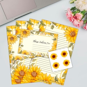 Set di cancelleria Girasole / Carta da lettere a metà foglio / Fiori autunnali / Buste / Sigilli per buste / Kit per amici di penna / Carta da lettere / Posta ordinaria