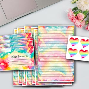 Set di cancelleria Rainbow Half Sheet / Carta a righe o non a righe / Sigilli per buste / Posta lumaca / Scrittura di lettere / Kit per amici di penna / Arcobaleno ad acquerello