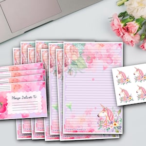 Set di cancelleria a mezzo foglio con unicorno acquerello pastello / Carta a righe e non a righe / Kit per amici di penna / Unicorno / Fiore / Posta lumaca / Scrittura di lettere