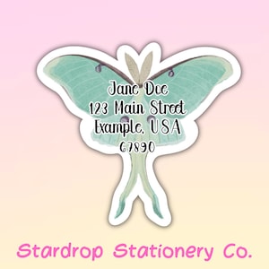 Luna Moth Etiquetas de dirección en forma personalizada / Correo caracol / Etiqueta personalizada / Azul turquesa / Mariposa / Sobre de carta