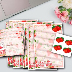 Set di cancelleria Kawaii Strawberry Bunny Half Sheet / Scrittura di lettere / Carta a righe o non a righe / Posta ordinaria / Fragola carina / Pen Pal