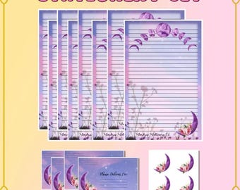 Set de papelería con fases lunares en acuarela: Kit para escribir cartas a amigos por correspondencia.