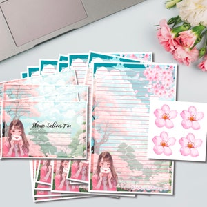 Set di cancelleria Sakura Anime Girl, mezzo foglio / Posta ordinaria / Fiore di ciliegio / Scrittura di lettere / Carta a righe e non a righe / Biglietto d'amore / Regalo