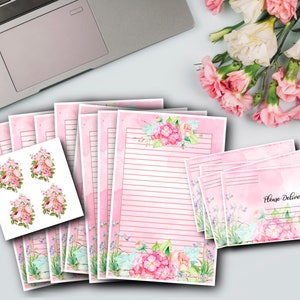 Papelería de media hoja con estampado floral rosa / Papel para escribir cartas / Florales de acuarela / Papel rayado / Sobres con sello / Correo postal / Amigos por correspondencia