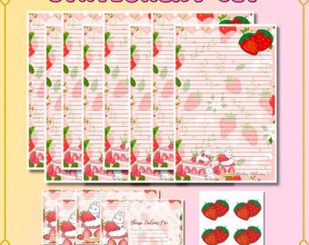 Niedliches Erdbeer Häschen Briefpapier Set: Briefpapier, Umschläge & Sticker