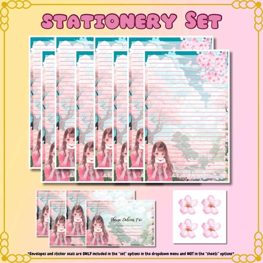 Sakura Anime Girl Stationery Set: Half Sheet Letter Writing - Etsy