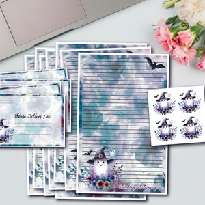Set di cancelleria a mezzo foglio con fantasmi acquerellati e papaveri / Carta a righe o bianca / Buste con sigilli / Posta felice / Spettrale / Halloween
