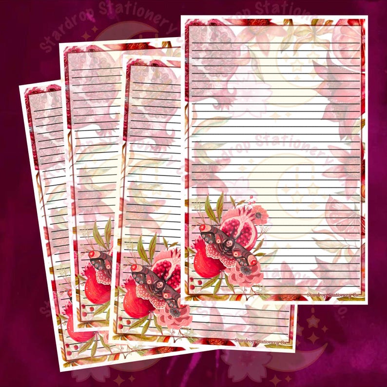 Pomegranate Death Moth Stationery Set | Half Sheet Letter Writing - Etsy