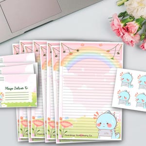 Set di cancelleria a mezzo foglio con dinosauri kawaii / Kit per amici di penna / Scrittura di lettere / Dinosauri carini / Posta ordinaria / Cancelleria a righe e senza righe / Buste
