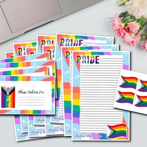 Juego de papelería de media hoja del Mes del Orgullo / Orgullo Gay / Escritura de cartas / Papelería con sobres y pegatinas / Mes del Orgullo de junio / Trans Bi