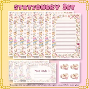 May include: A stationery set featuring lined paper sheets with pastel illustrations of pens, books, envelopes, and flowers. Includes matching envelopes with the text Please Deliver To and a sheet of four square stickers with envelope designs.
