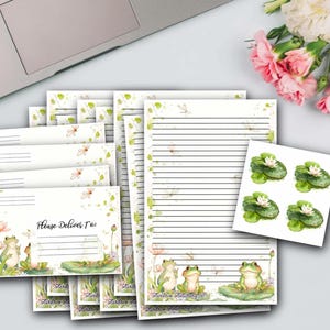 Juego de papelería de media hoja con forma de rana kawaii / Escritura de cartas / Papel rayado sin rayar / Papel para correspondencia postal / Rana linda / Sellos para sobres / Sobres