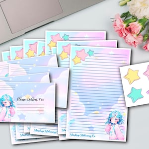 Set di cancelleria a mezzo foglio con motivo kawaii anime girl pastello / Nuvole pastello / Cancelleria a righe / Buste con sigilli / Posta ordinaria / Scrittura di lettere